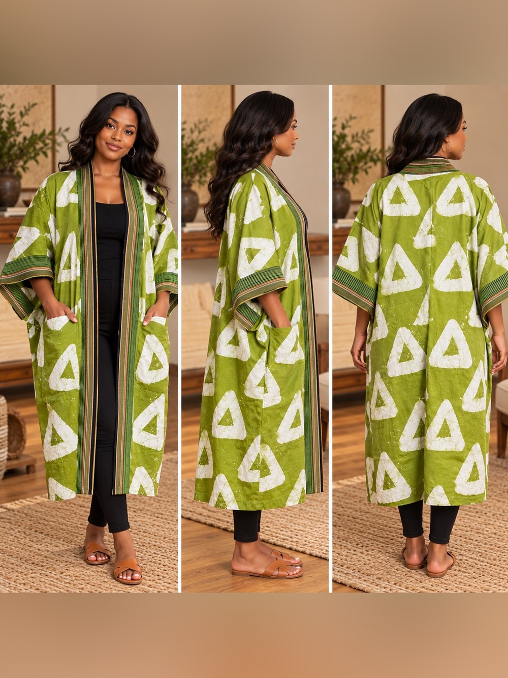 Nigerian Adire Cotton Kimono Jacket Aso Oke Trim Green Size M NWOT